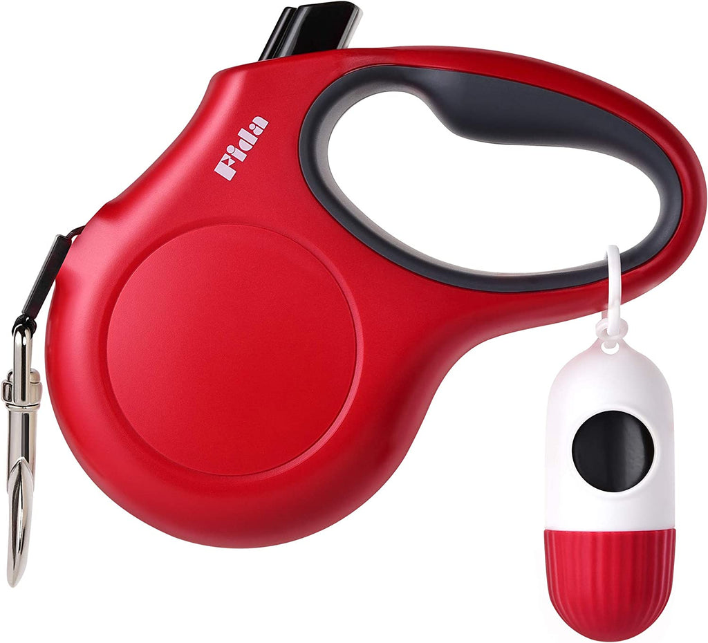 16 FT Retractable Dog Leash with Dispenser and Waste Bags for Pets up to 44 lbs, Anti-Slip Handle, Tangle-Free Design, and Reflective Nylon Tape (Medium, Red)