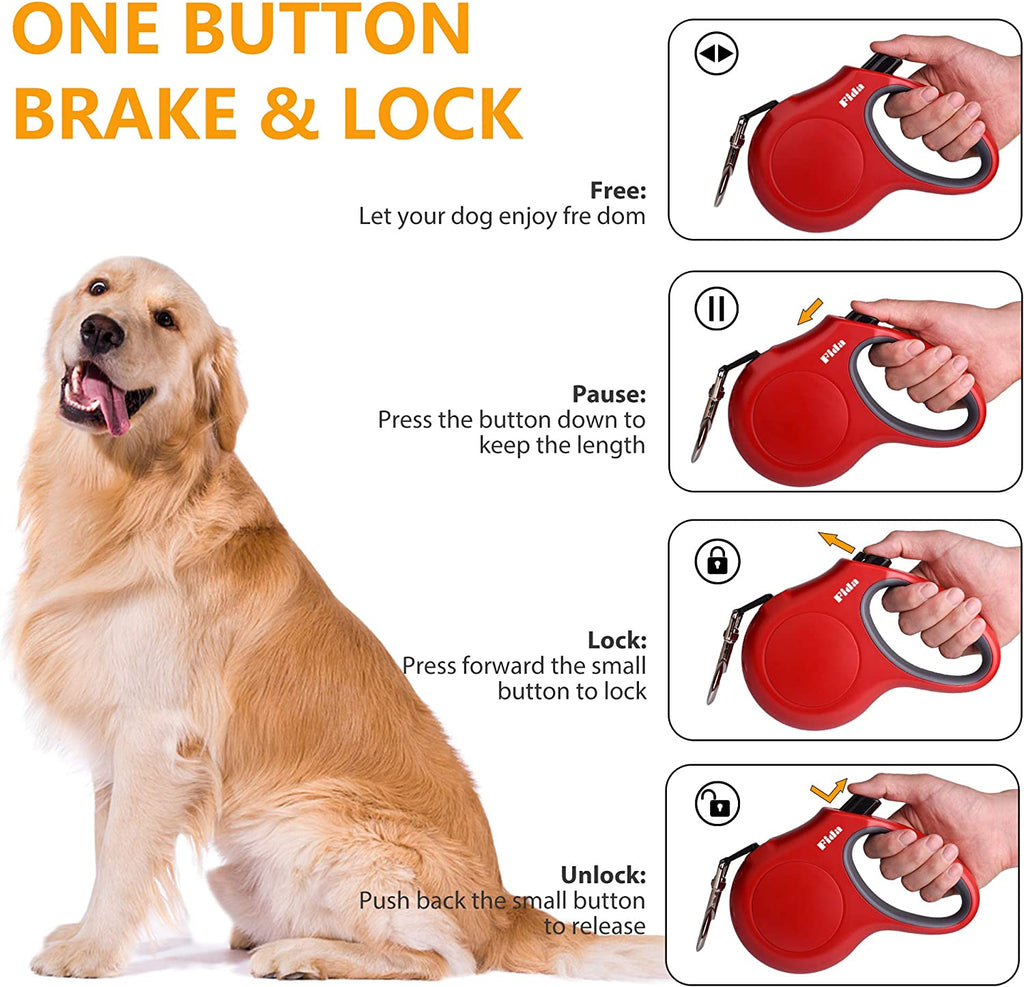 16 FT Retractable Dog Leash with Dispenser and Waste Bags for Pets up to 44 lbs, Anti-Slip Handle, Tangle-Free Design, and Reflective Nylon Tape (Medium, Red)