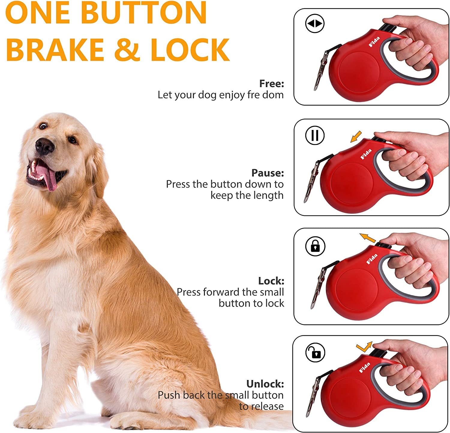 16 FT Retractable Dog Leash with Dispenser and Waste Bags for Pets up to 44 lbs, Anti-Slip Handle, Tangle-Free Design, and Reflective Nylon Tape (Medium, Red)