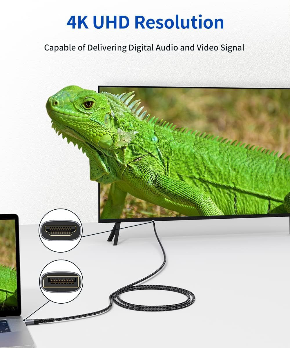 10FT 4K DisplayPort to HDMI Cable Adapter - Male Video UHD 4K@30Hz/2K@60/1080P@120 Nylon Cord for Dell, Projectors, Desktops, AMD, NVIDIA, Lenovo, HP, Thinkpad