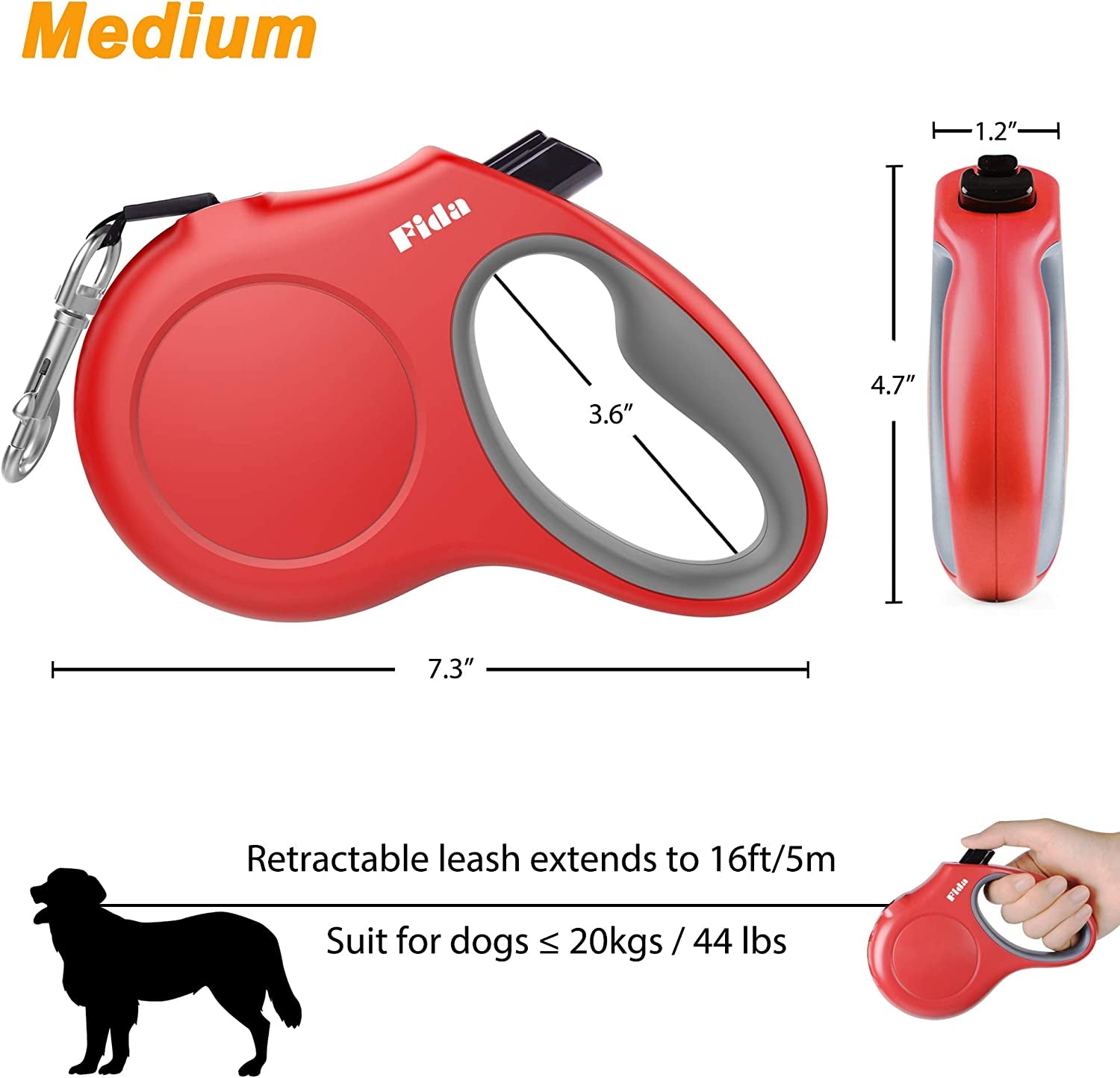 16 FT Retractable Dog Leash with Dispenser and Waste Bags for Pets up to 44 lbs, Anti-Slip Handle, Tangle-Free Design, and Reflective Nylon Tape (Medium, Red)